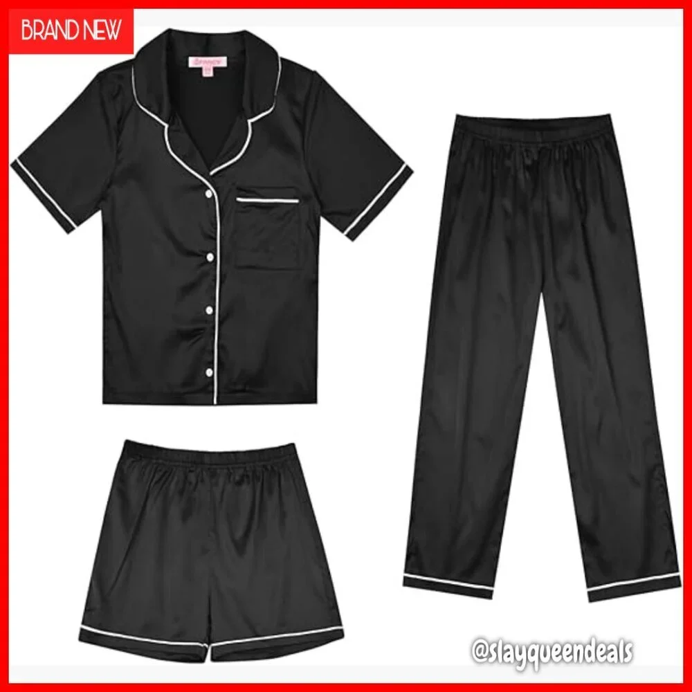 Kids Satin Pajama Set 3-Piece Silk Button Down Shorts Pants